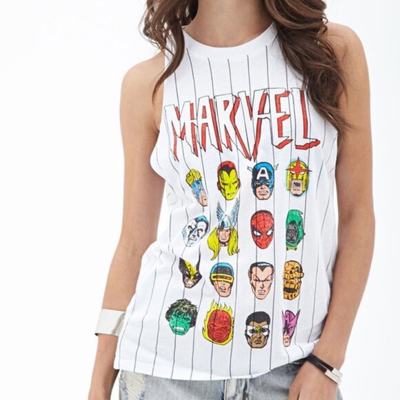 FOREVER 21 x MARVEL Striped Marvel Muscle Tee White Avengers Graphic Tank Top S - Picture 1 of 12